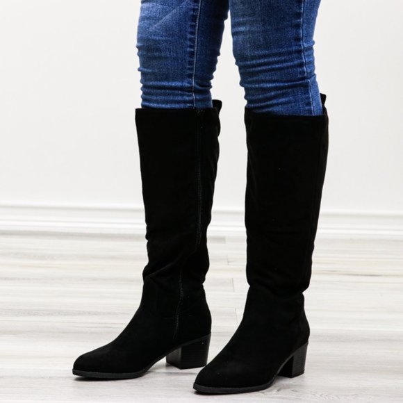 Pointy Toe Below The Knee Black Boots Faux Suede - Picture 3 of 11